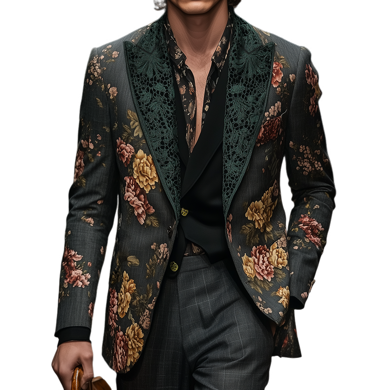 Men's Retro Large Flower Print Lace Stitching Casual Blazer MTA2197G9TO