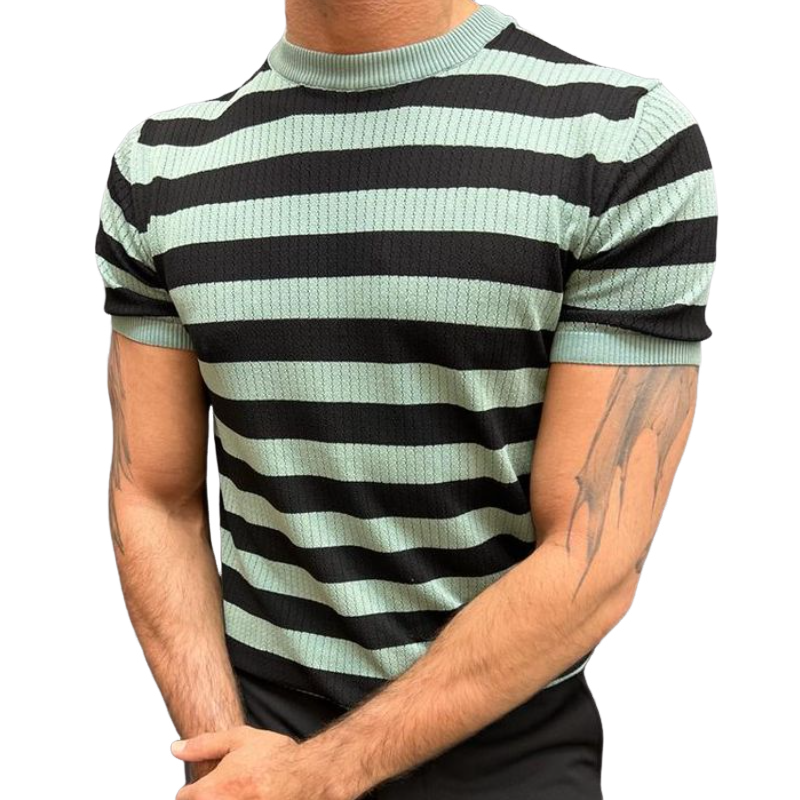 Men's Casual Contrast Color Striped Breathable Knitted Round Neck Short Sleeve Sweater T-Shirt MTA2556C4M
