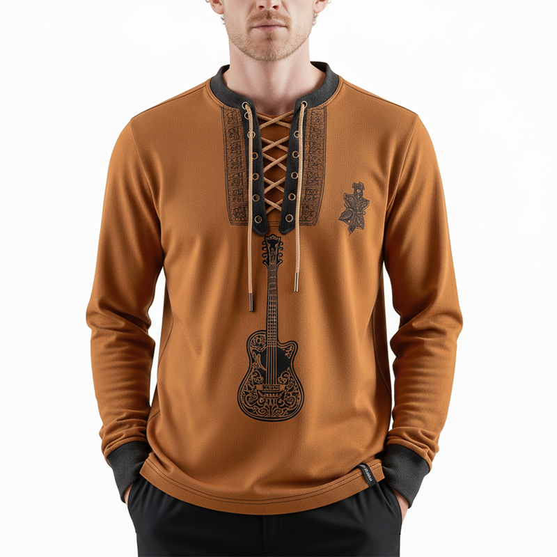 Men's Fashion Guitar Print Cotton Blend Lace-Up Sweatshirt MTA2785J5P