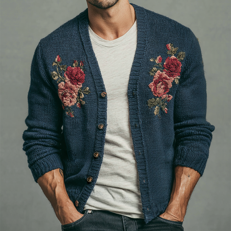 Men's Retro Casual Knitted Floral Embroidered Button Cardigan MTA2838K2TO