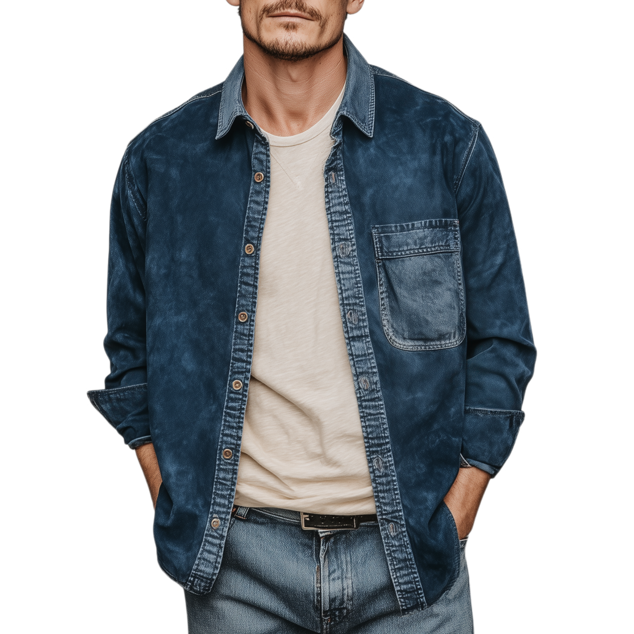 Men's Fashion Casual Thin Suede Splicing Denim Washed Long Sleeve Shirt MTA1901G0K