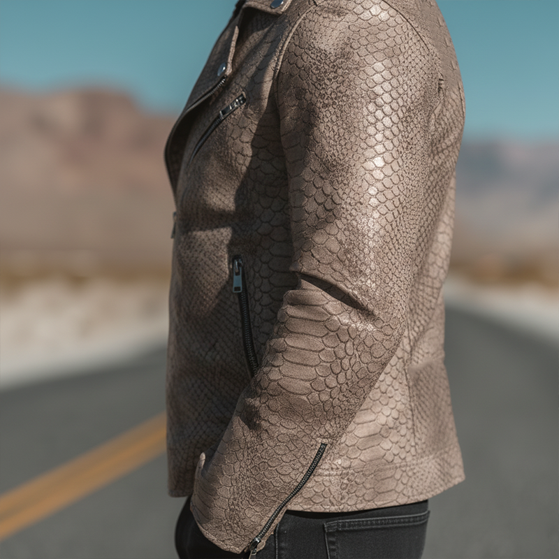 Men's Retro Satin 3D Snake Pattern PU Leather Zip-up Jacket MTA3075I9P