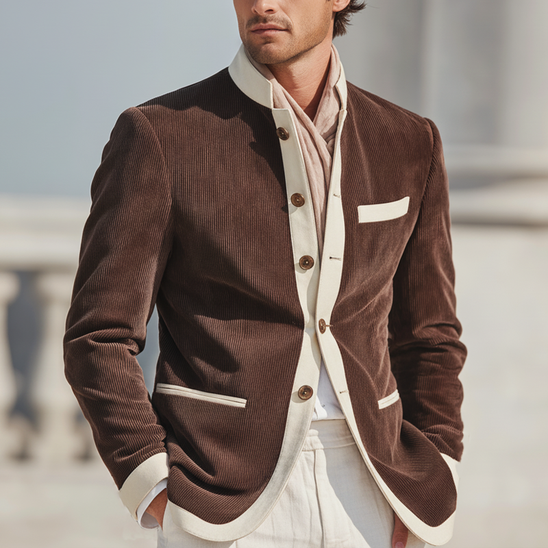 Men's Urban Corduroy Color-Blocked Stand Collar Double Slit Jacket MTA2188K3U