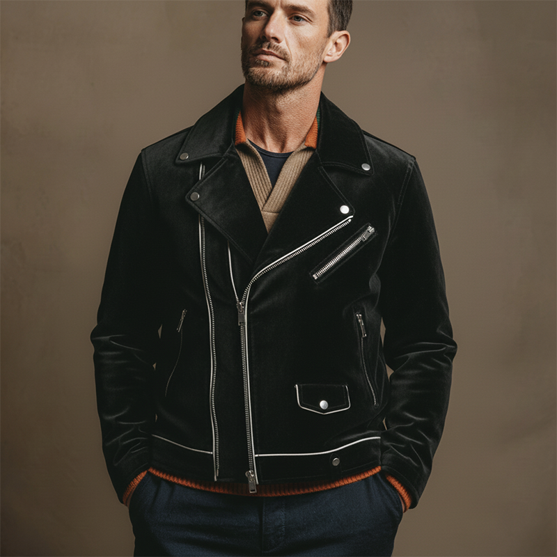Men's Solid Color Retro Velvet Lapel Motorcycle Multi-zip Jacket MTA1909K4X