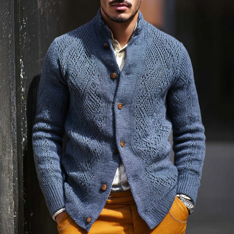 Men's Fashion Jacquard Stand Collar Single Breasted Knitted Cardigan MTA1955H0Z
