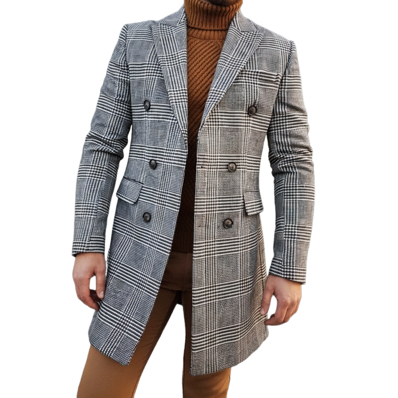 Men's Business Plaid Faux Wool Double-breasted Mid-length Coat MTA1617L1U