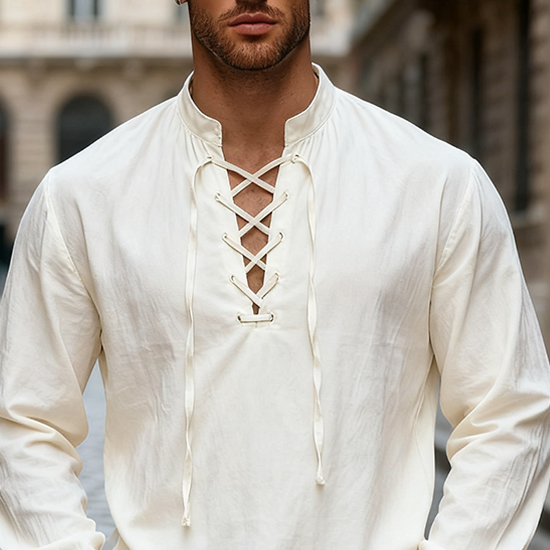 Men's Solid Color Cotton Stand Collar Tie Long-sleeved Shirt MTA2962J9X