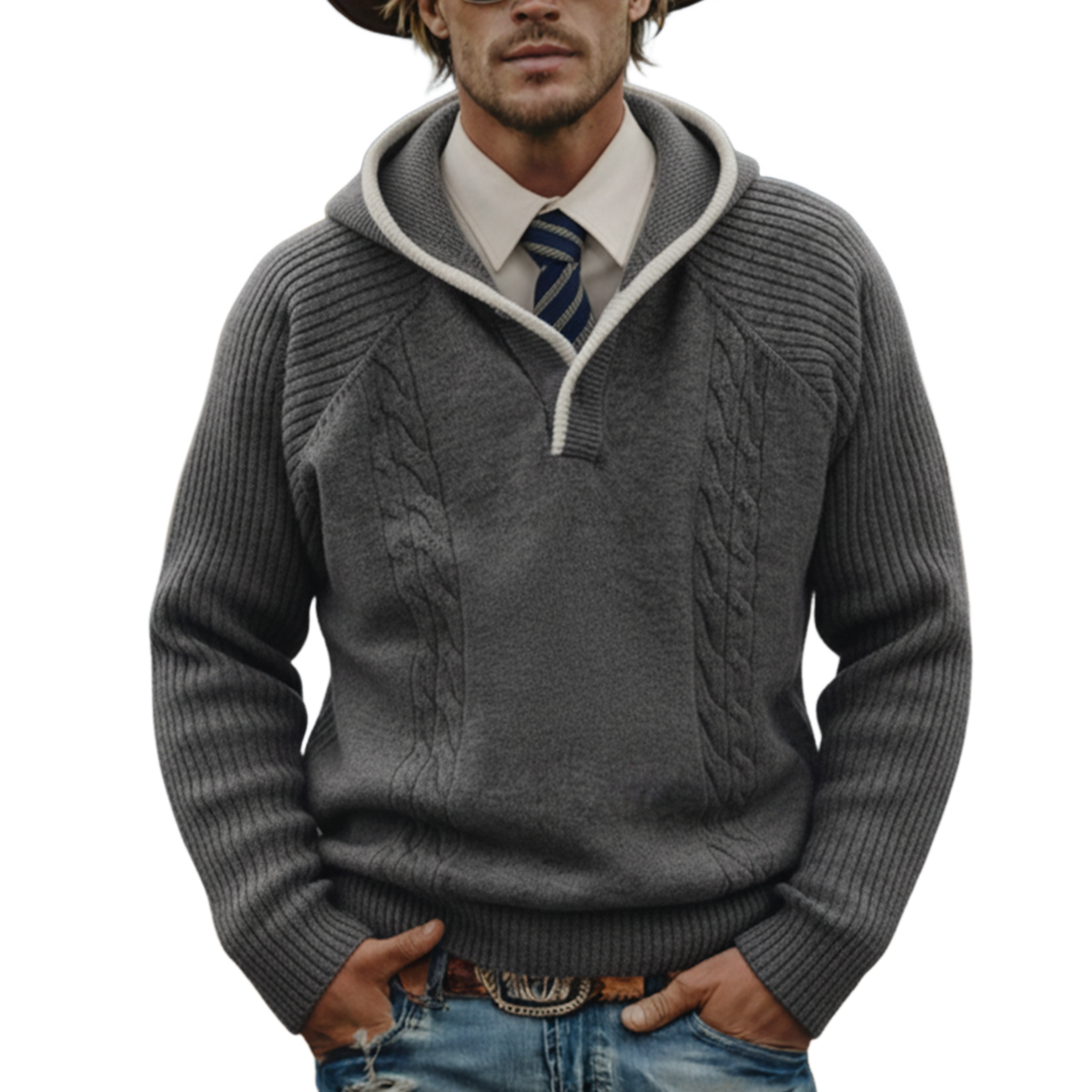 Men's Classic Casual Western Style Hooded Knitted Jacquard Sweatshirt MTA2801K0K