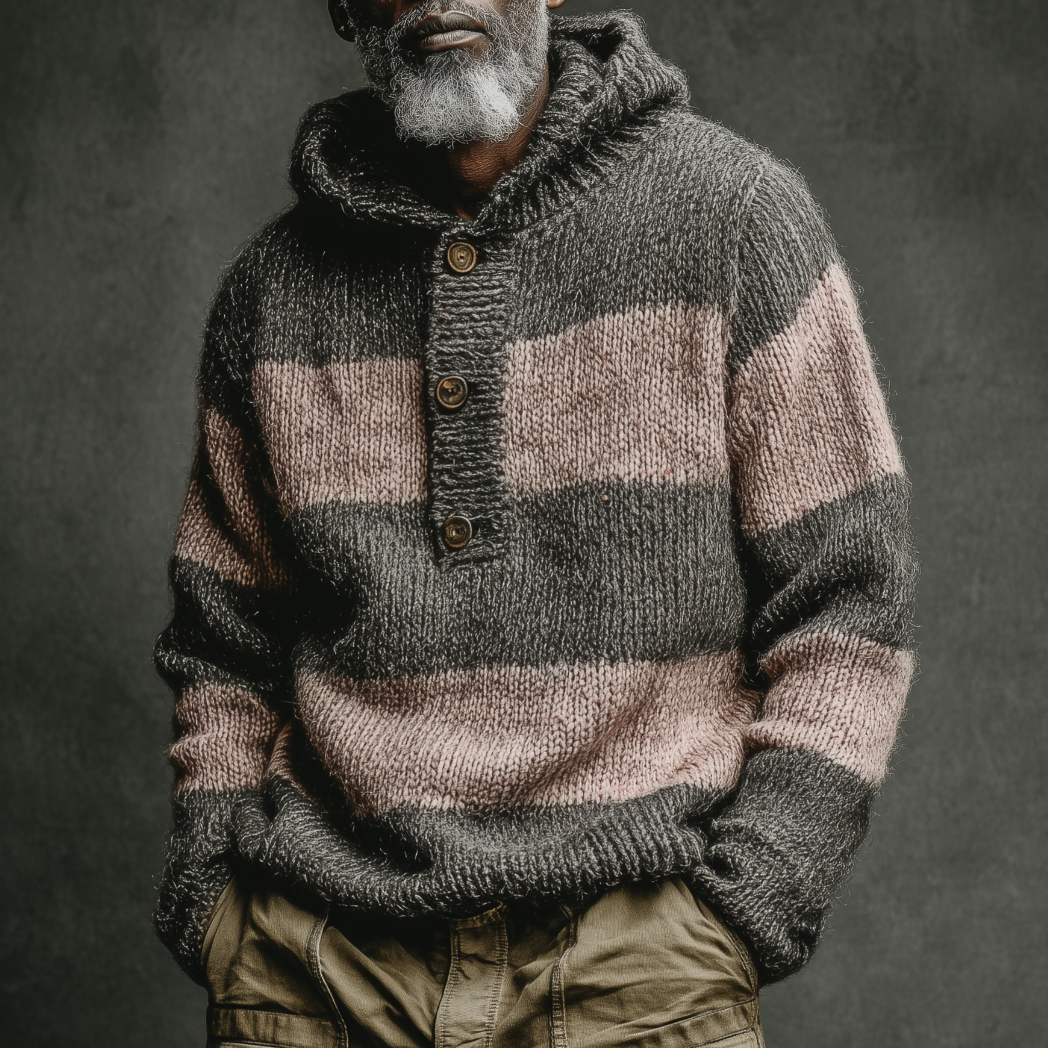 Men's Classic Casual Pink And Grey Horizontal Striped Hooded Loose-Fit Sweater MTA2800I9K