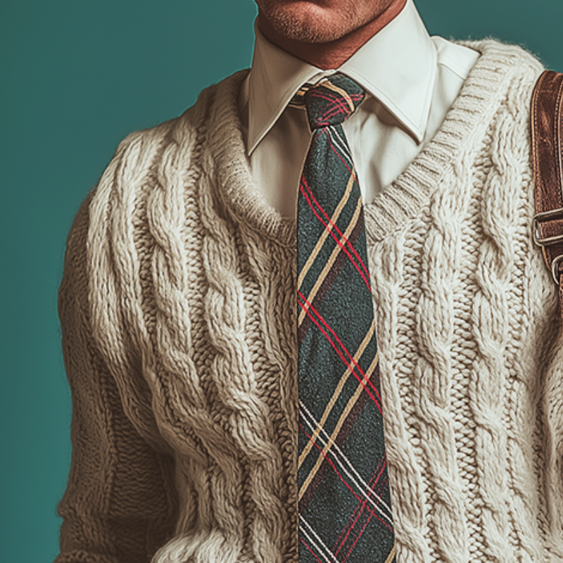 Men's Retro Casual British College Style Cable Knit V-Neck Sweater MTA1825I6TO