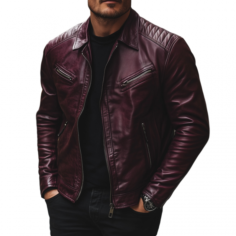 Men's Casual Vintage Solid Color PU Lapel Zipper Placket Multi-pocket Slim Fit Motorcycle Jacket MTA1486H6M