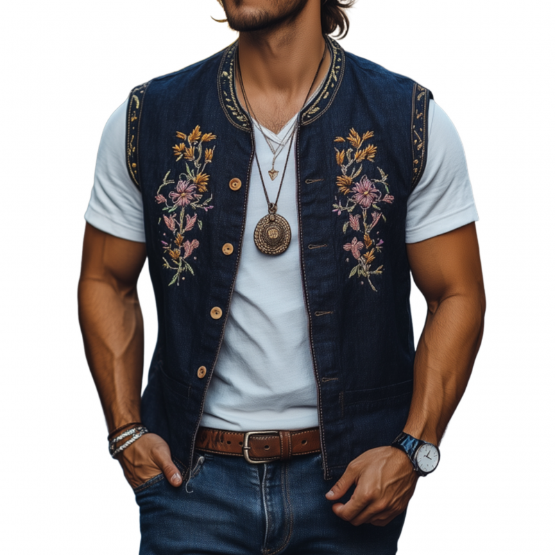 Men's Casual Cotton Linen Stand Collar Single-breasted Retro Flower Embroidered Slim Vest MTA1359F0M