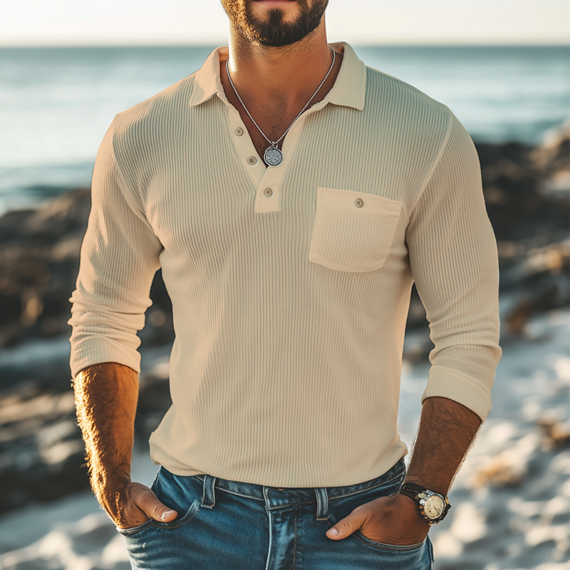 Men's Basic Striped Knitted Long Sleeve POLO Shirt MTA2554G3U