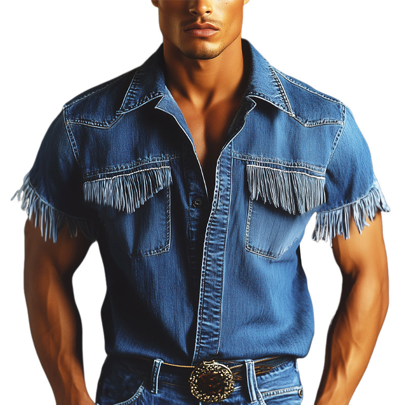 Men's Summer Western Cowboy Style Tassel Denim Short Sleeve Shirt MTA1430E9U