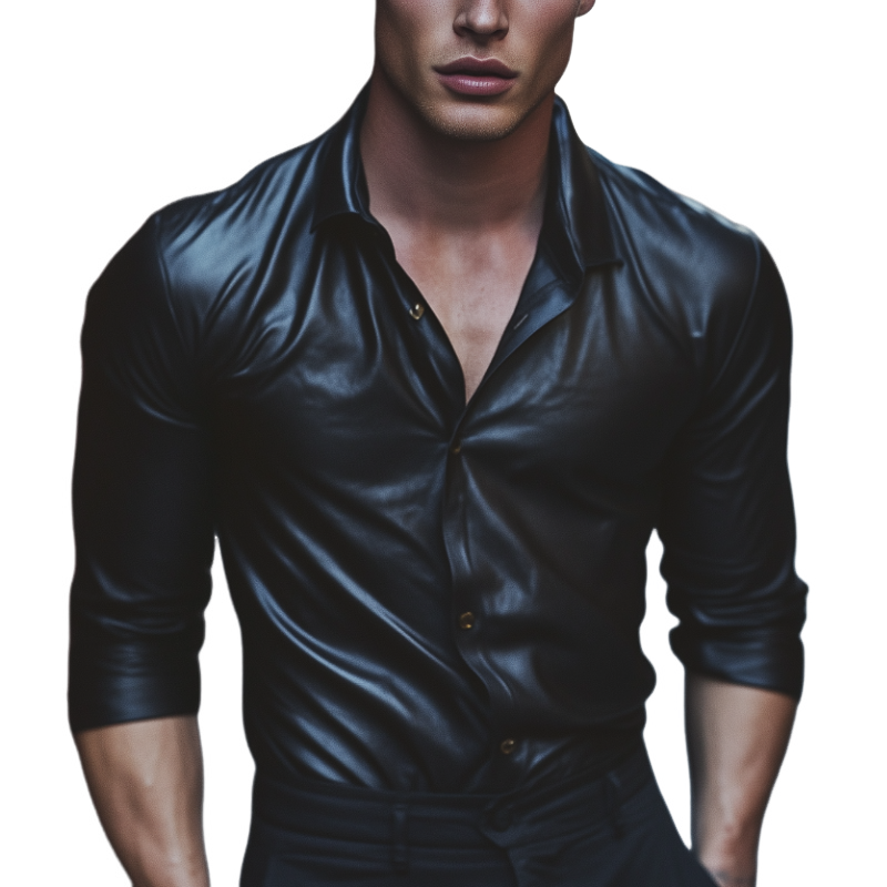 Men's Black Long-sleeved Leather Shirt 16001358F