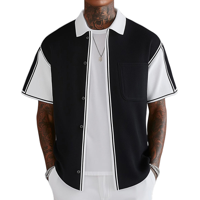 Men's Business Black And White Stitching Knitted Short-Sleeved Shirt MTA0984E5U