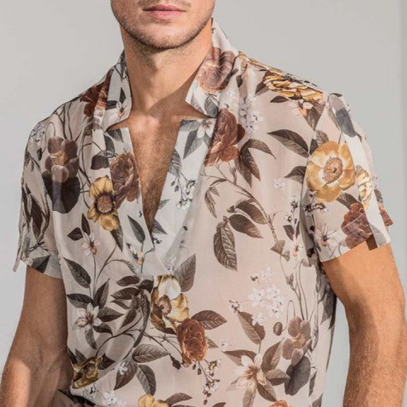 Men's Fashion Casual Retro Printed V-Neck Chiffon Short Sleeve Shirt 84369055K