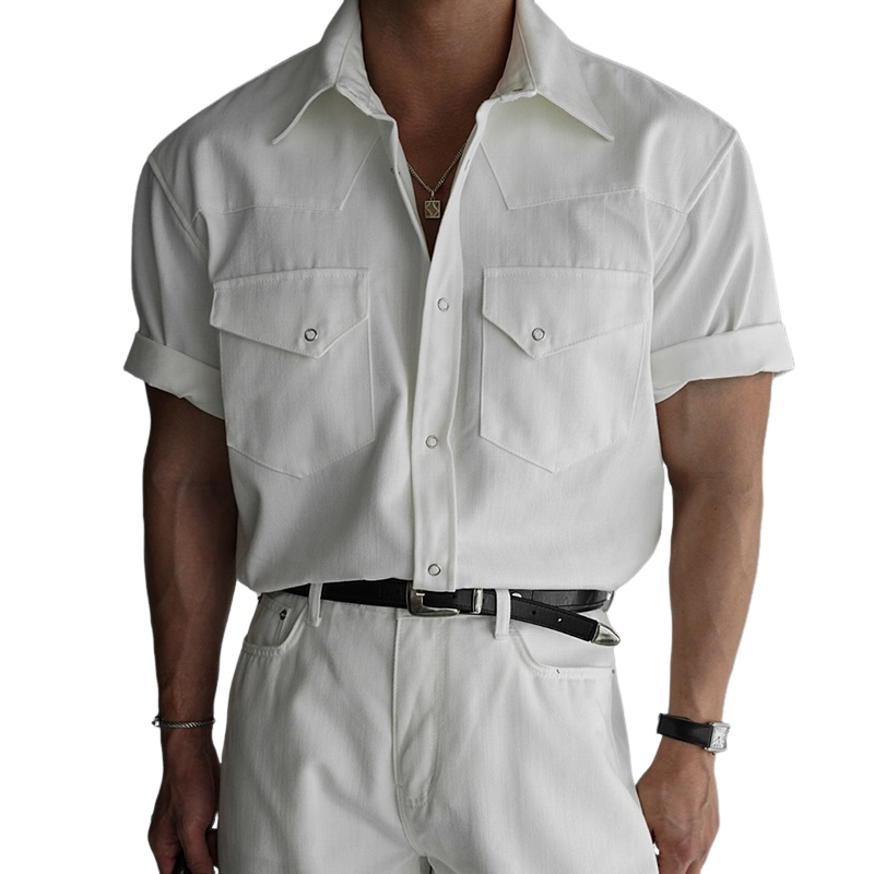 Men's Solid Lapel Chest Pocket Short Sleeve Shirt MTA0653E9Z