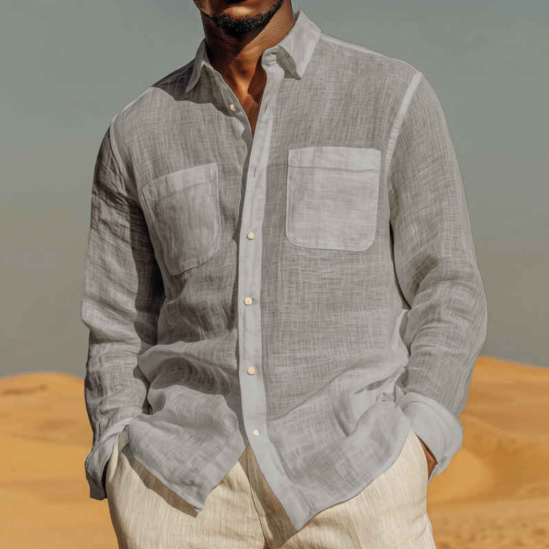 Men's Casual Solid Color Breathable Linen Lapel Patch Pocket Loose Long Sleeve Shirt MTA0457G4M