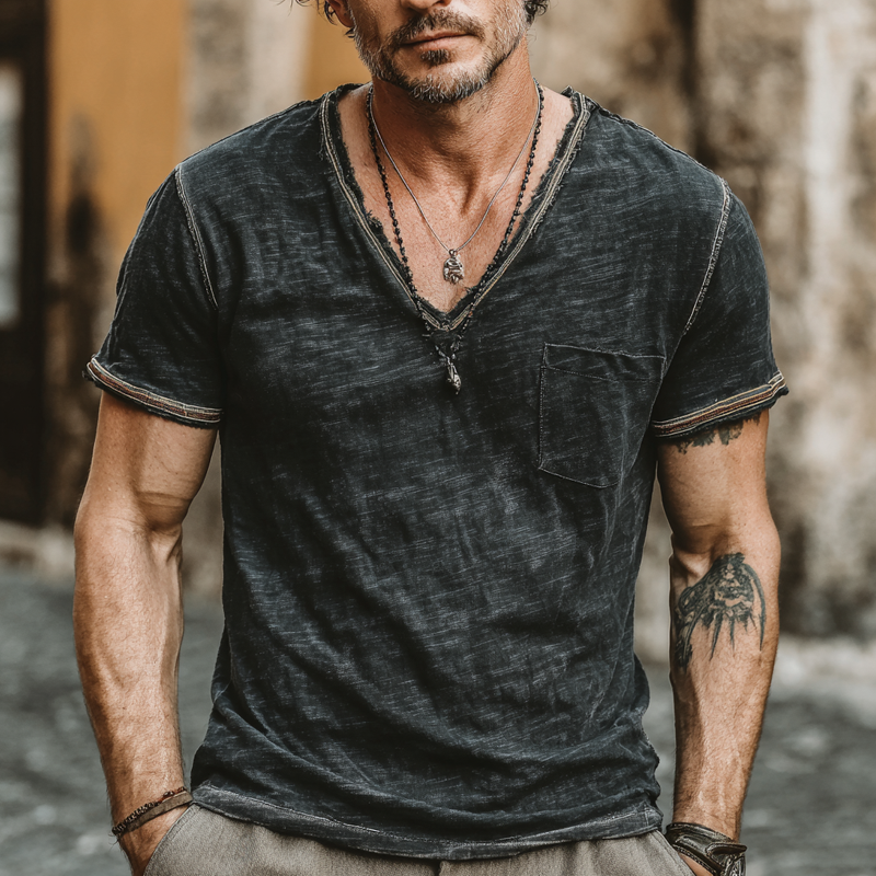 Men's Cotton Blended Solid Color V-Neck Short Sleeve T-Shirt MTA0316G9X