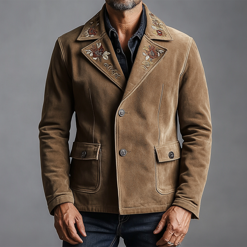 Men's Retro Embroidered Faux Suede Lapel Button Blazer  MTA2853K2X