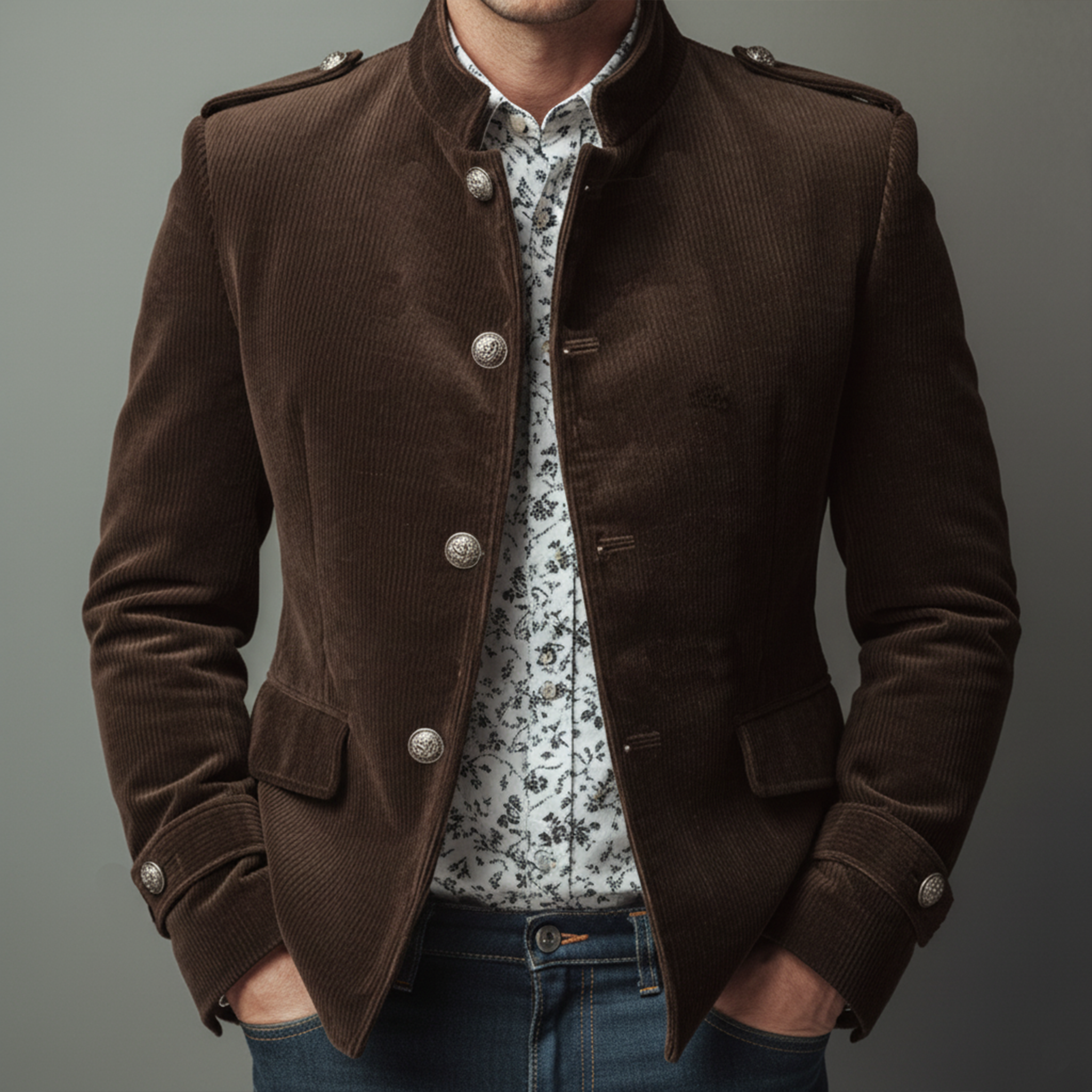 Men's Classic Casual Stand-up Collar Epaulette And Sleeve Tab Corduroy Jacket MTA2281I0K