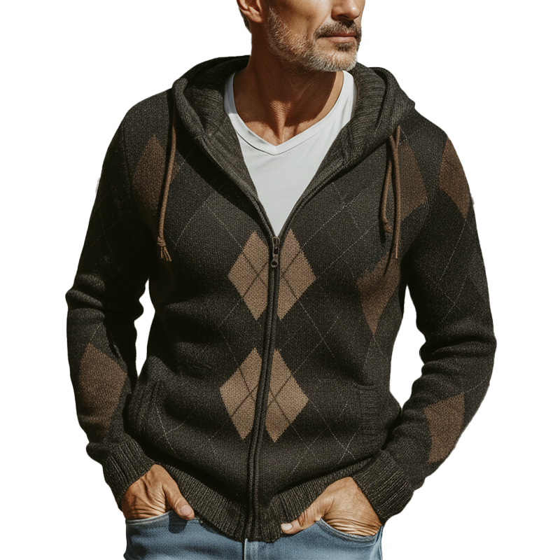 Men's Fall Fashion Diamond Pattern Knitted Jacquard Zipper Cardigan Sweater MTA1389I0P