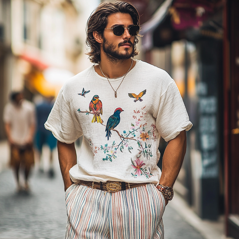 Men's Fashion Embroidered Round Neck Short Sleeve Cotton And Linen T-shirt MTA1448E7Z