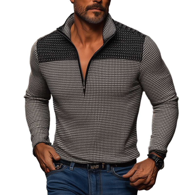 Men's Winter Retro Houndstooth Cotton Blend Patchwork Half-Zip Warm Sweatshirt MTA3037J7P