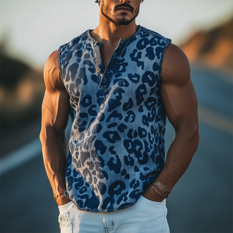 Herre Klassisk trendy retro western cowboy-stil leopard jacquard denim henley-krage tanktopp MTA0839E2K