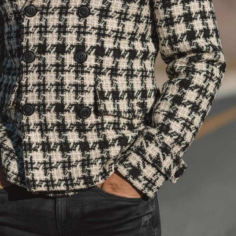 Men's Winter Fashion Plaid Tweed Double-breasted Lapel Short Coat MTA2687I4P