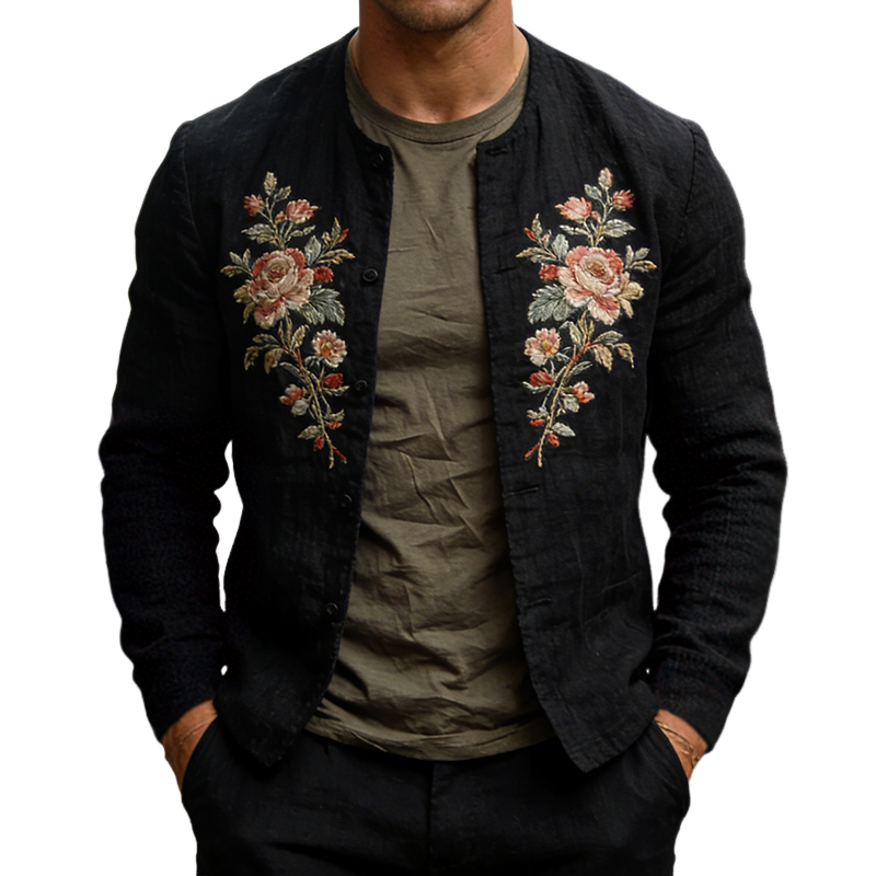 Men's Retro Casual Cotton Linen Embroidered Collarless Button Jacket MTZ1269A3TO