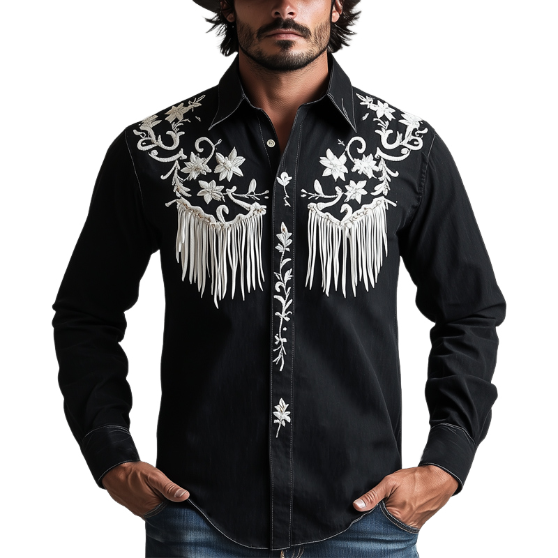 Men's Vintage Black Embroidered Tassel Long Sleeve Shirt 63777579U