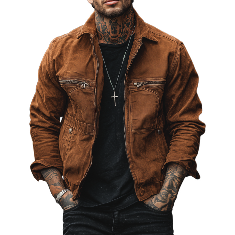Men's Washed Cotton Lapel Multi-pocket Zipper Cargo Jacket MTA0119H7Z