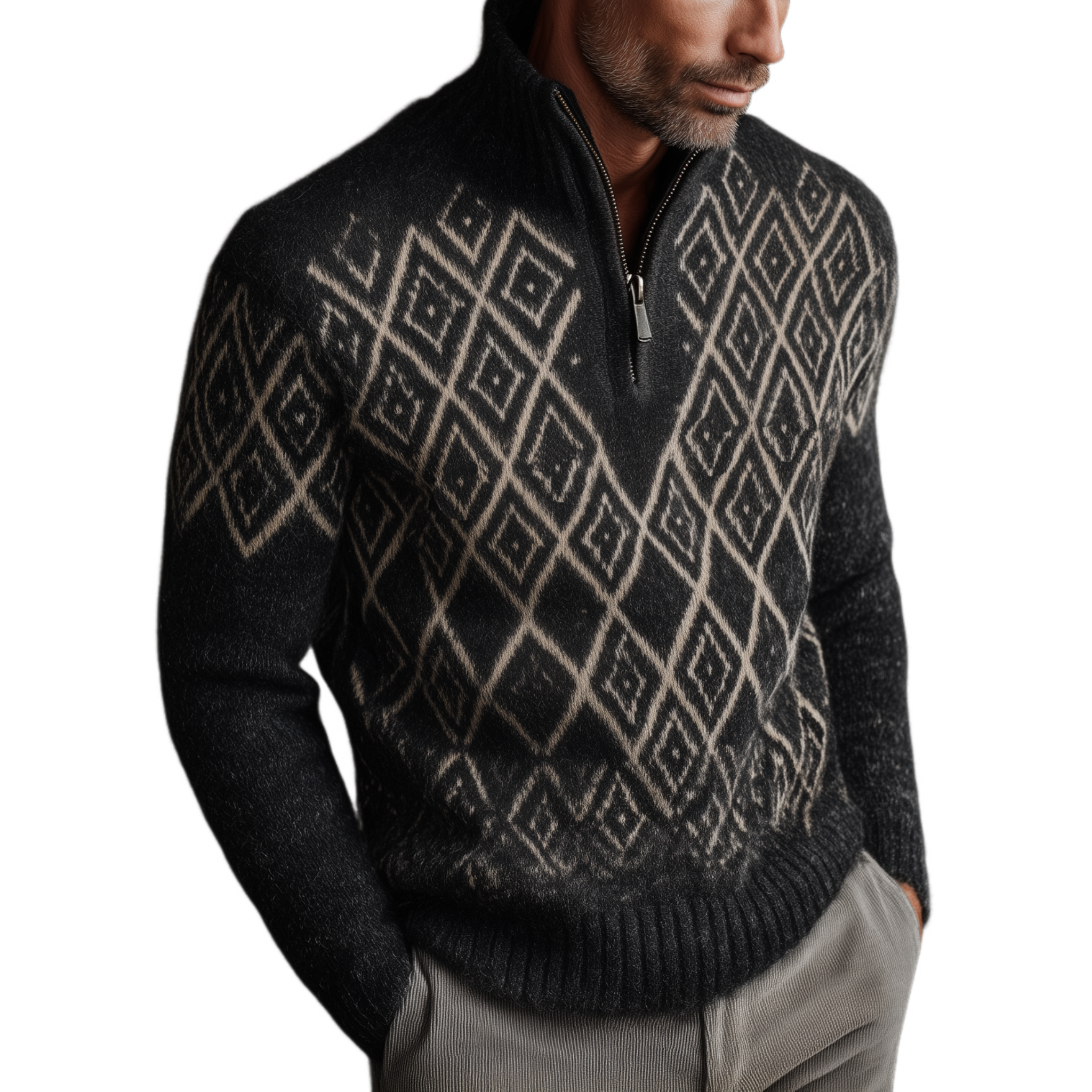 Men's Classic American Retro Stand Collar Zipper Jacquard Pattern Sweater MTA0417I8K