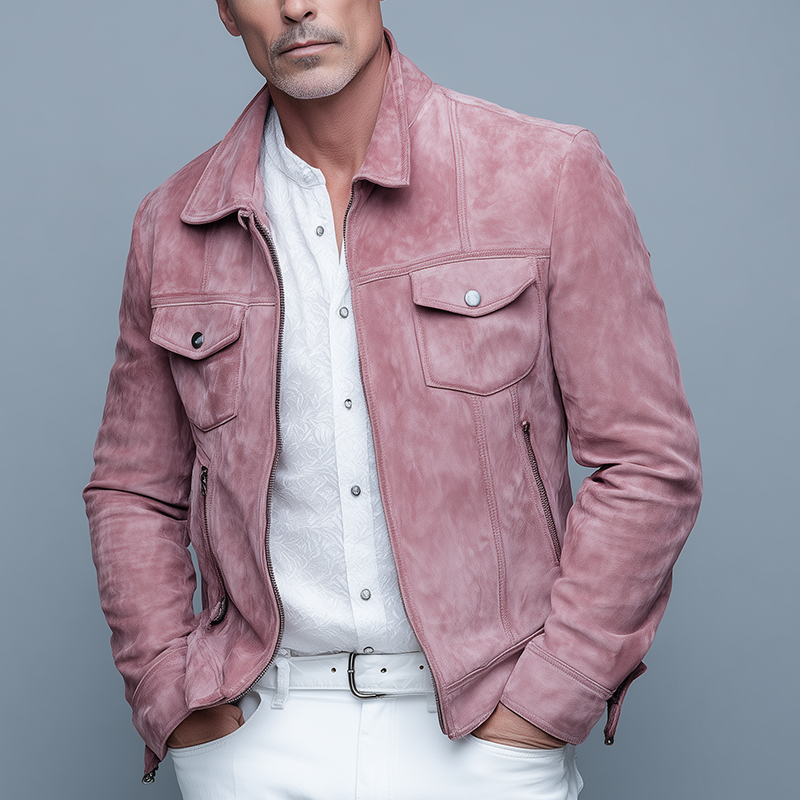 Men's Pink Faux Suede Vintage Casual Jacket MTA2787H7P