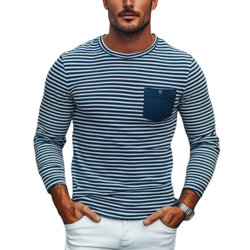 Stripe mote for menn med rund hals brystlomme Slim Fit Langermet T-skjorte 68458581Y