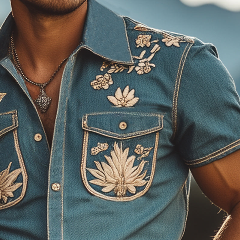 Men's Summer Vintage Embroidered Denim Short Sleeve Shirt MTA2905D8U