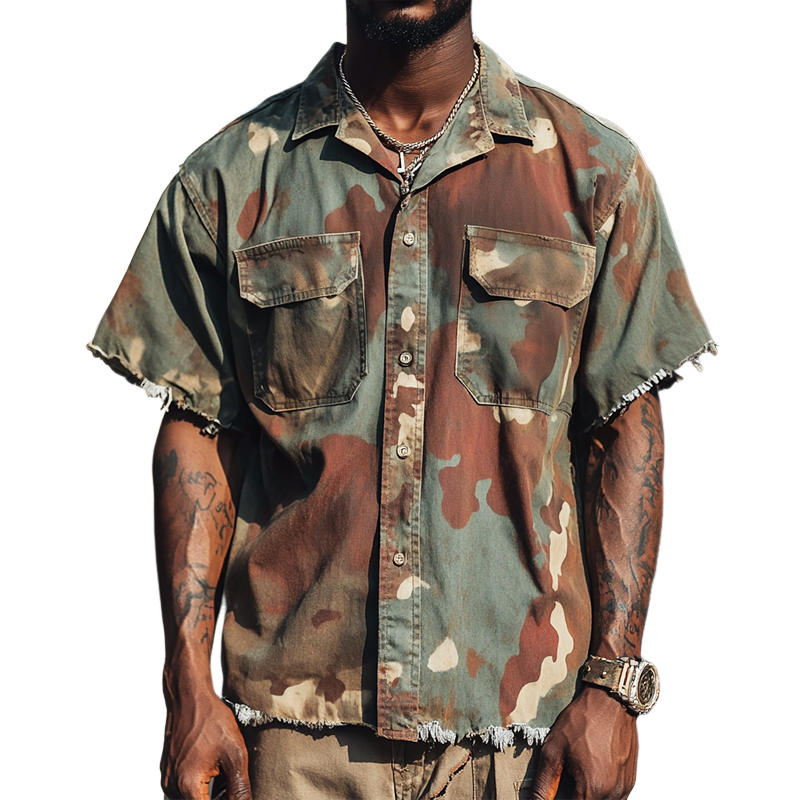 Men's Retro Casual Distressed Camouflage Ripped Collar Short Sleeve Shirt 22661748TO