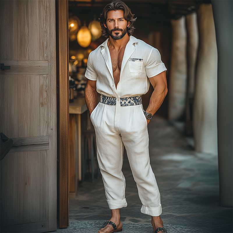 Men's Summer Fashion Casual Cotton And Linen Waist Printed Short Sleeve Shirt Style Trousers Jumpsuit MTA3098E5K