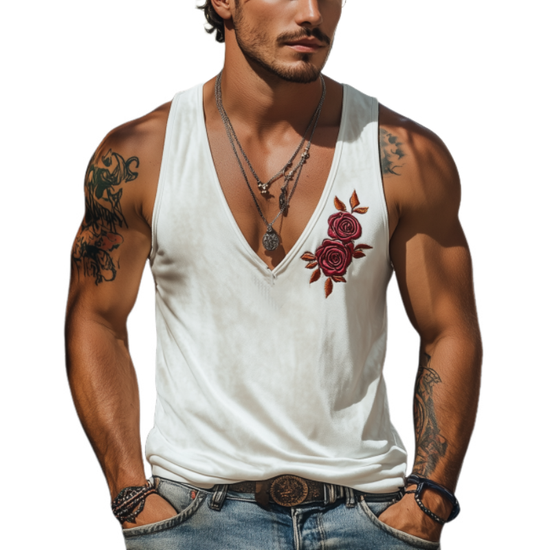 Men's Classic Casual American Retro Velvet Rose Embroidered Tank Top 42849503K