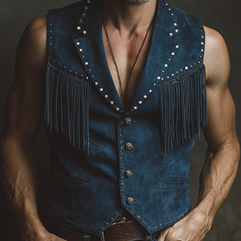 Men's Spring And Summer New American Retro Western Cowboy Thin Suede Tassel And Metal Rivet Slim Fit Single Wear Vest MTA1878F5K