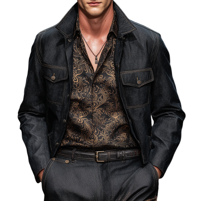 Men's Denim Stand Collar Chest Pocket Casual Jacket MTA1876G6Z