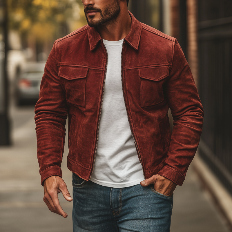 Men's Vintage Solid Color Faux Suede Lapel Zipper Placket Flap Chest Pocket Slim Fit Jacket MTA0506H8M