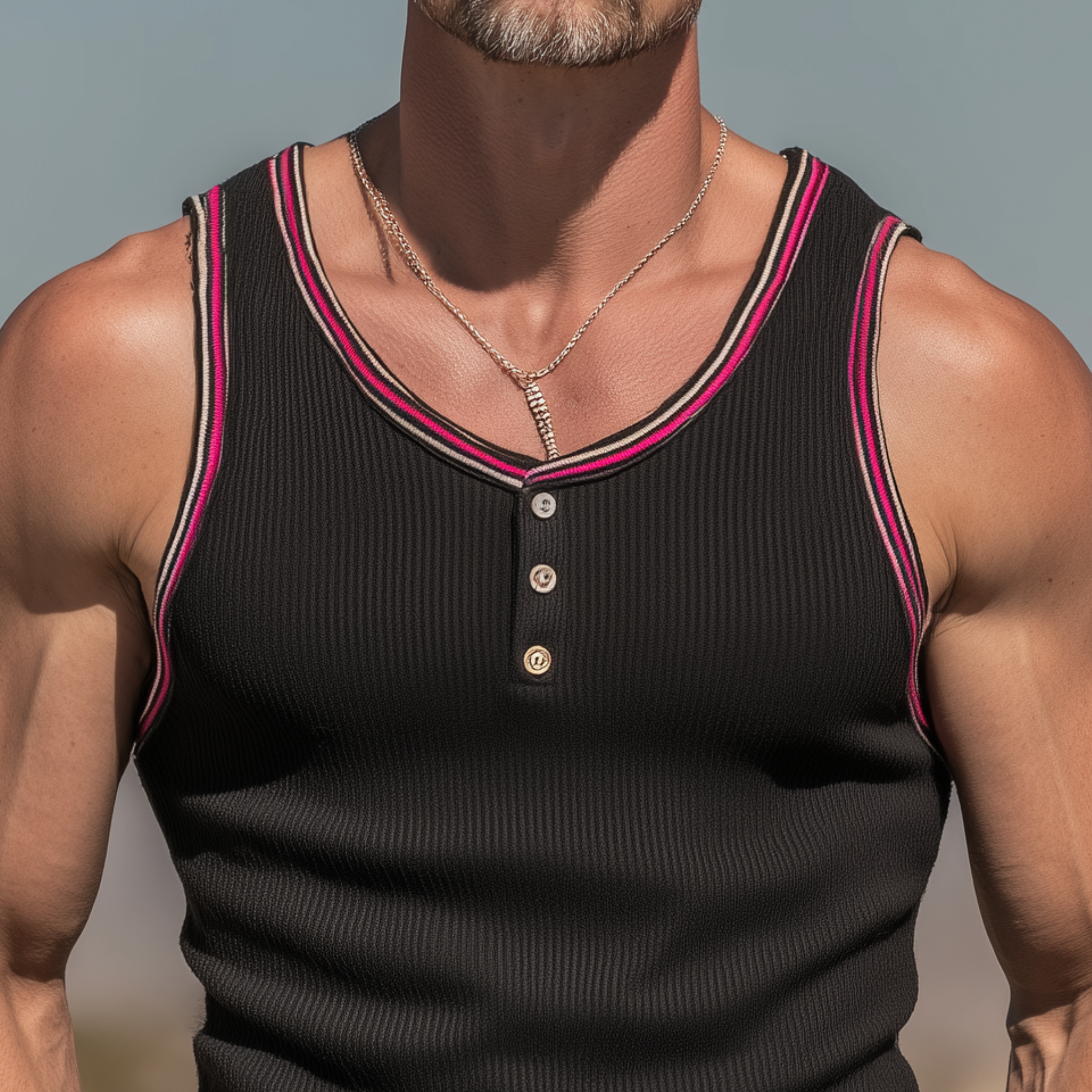 Men's Spring And Summer Fashion Casual Striped Knitted Splicing Colored Ribbon Slim Fit Henley Collar Tank Top MTA1720G6K