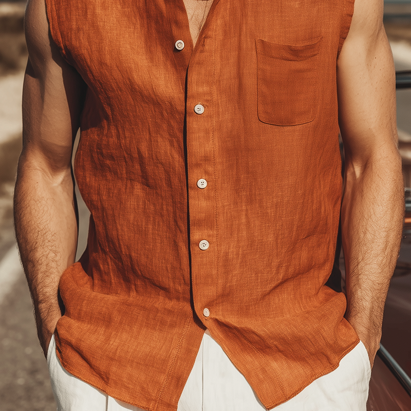 Men's Classic Casual Tencel Cotton Linen Stand Collar Sleeveless Shirt MTA0332G9K