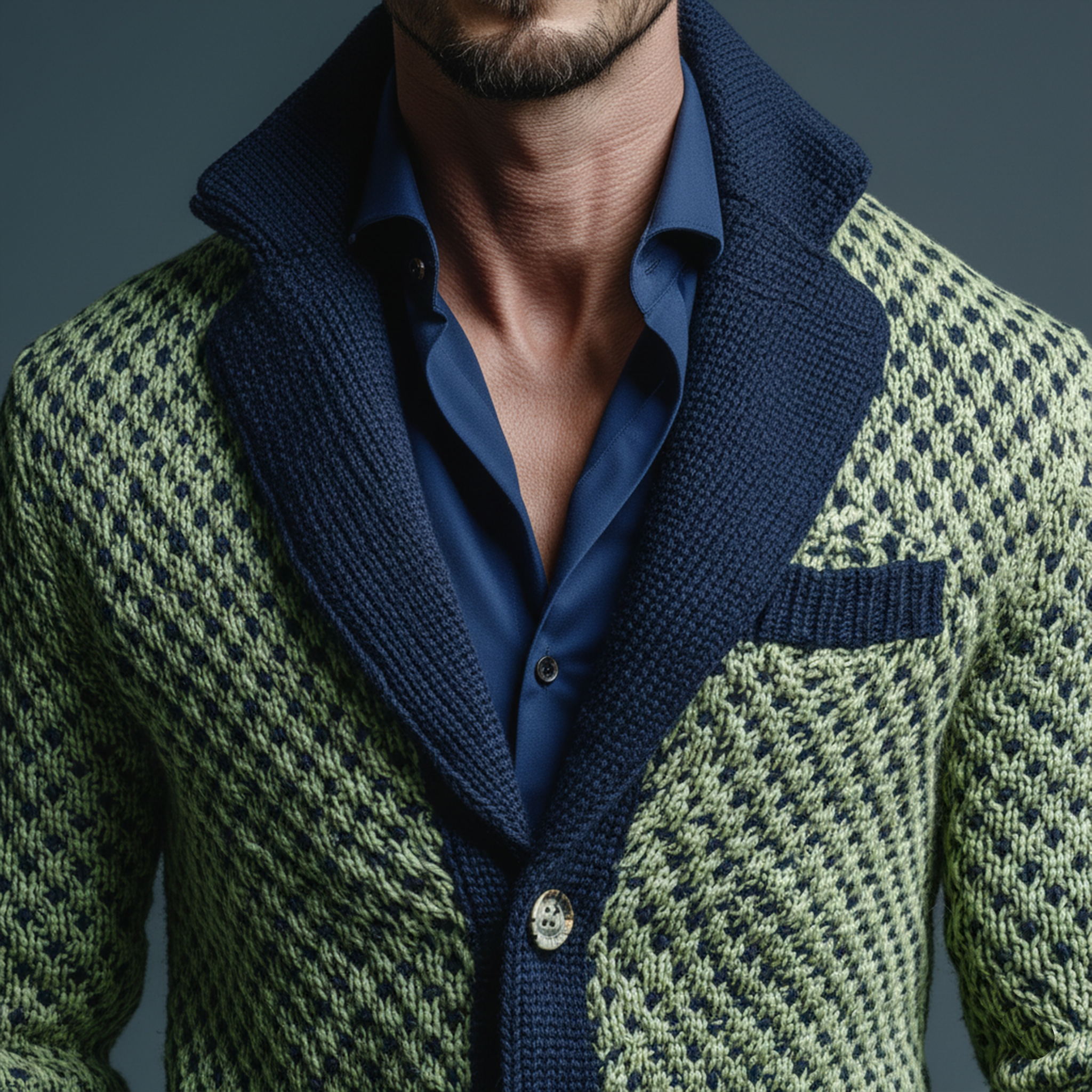 Men's Classic Casual Lapel Green And Navy Blue Slim Jacquard Knit Cardigan MTA2659I6K