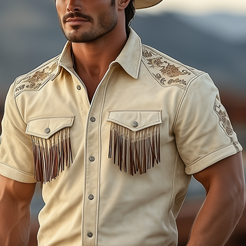 Men's Spring And Summer Fashion Retro Western Cowboy Style Thin Suede Embroidered Pocket Tassel Short-sleeved Shirt MTA1582E5K