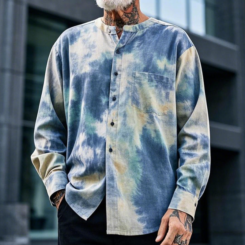 Uformelt mote for menn med rund hals Tie-Dye trykt bomullsblanding med langermet skjorte 65629084F