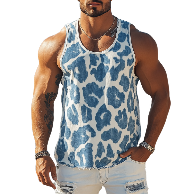 Klassisk, fasjonabel retro, western-cowboy-stil, leopard-jacquard-denim-tanktopp med U-hals for menn MTA0813E4K